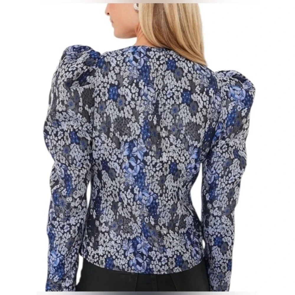 Hyacinth House Priscilla Puff Sleeve Top Blue Floral Jacquard Size Small